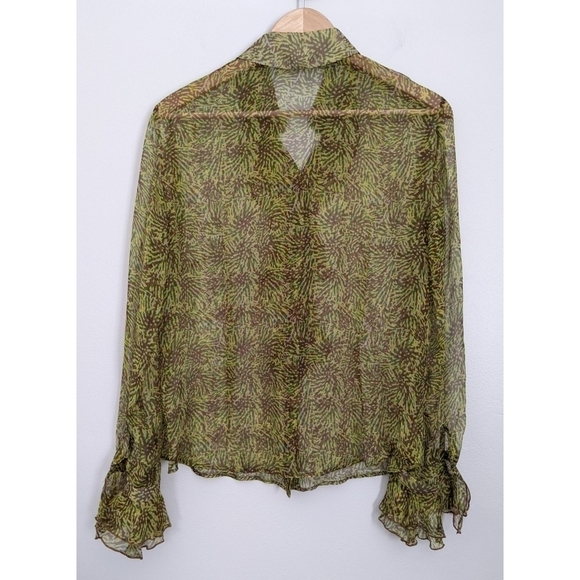 Louis Feraud Vintage Green Yellow Ruffle Front Blouse - Picture 2 of 6